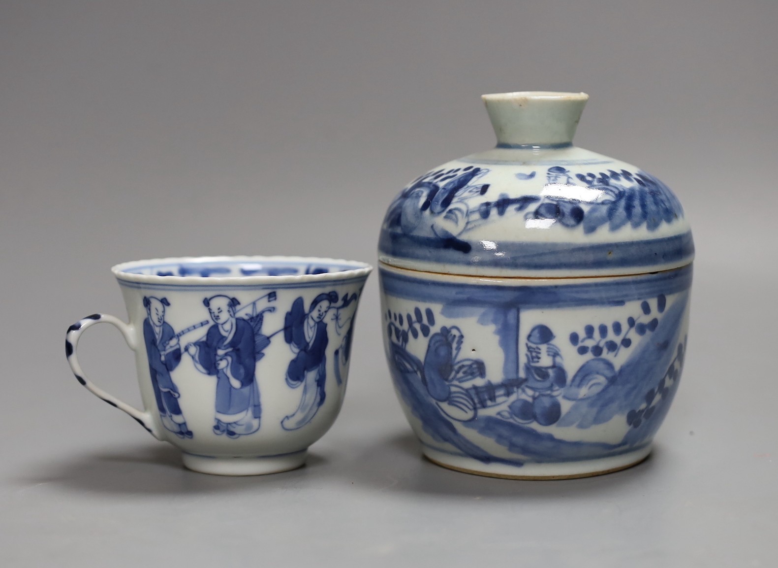 A 19th century blue and white jar with cover and a similar cup, Jar and cover 13 cms high